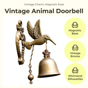 Vintage Iron-Brass Finish Metal Bell Wall Hanging Wind Chime, Elephant and Owl Shaped Ornament with Magnetic Base for Home, Garden, Door Decoration, Bronze Whimsical Silhouettes
