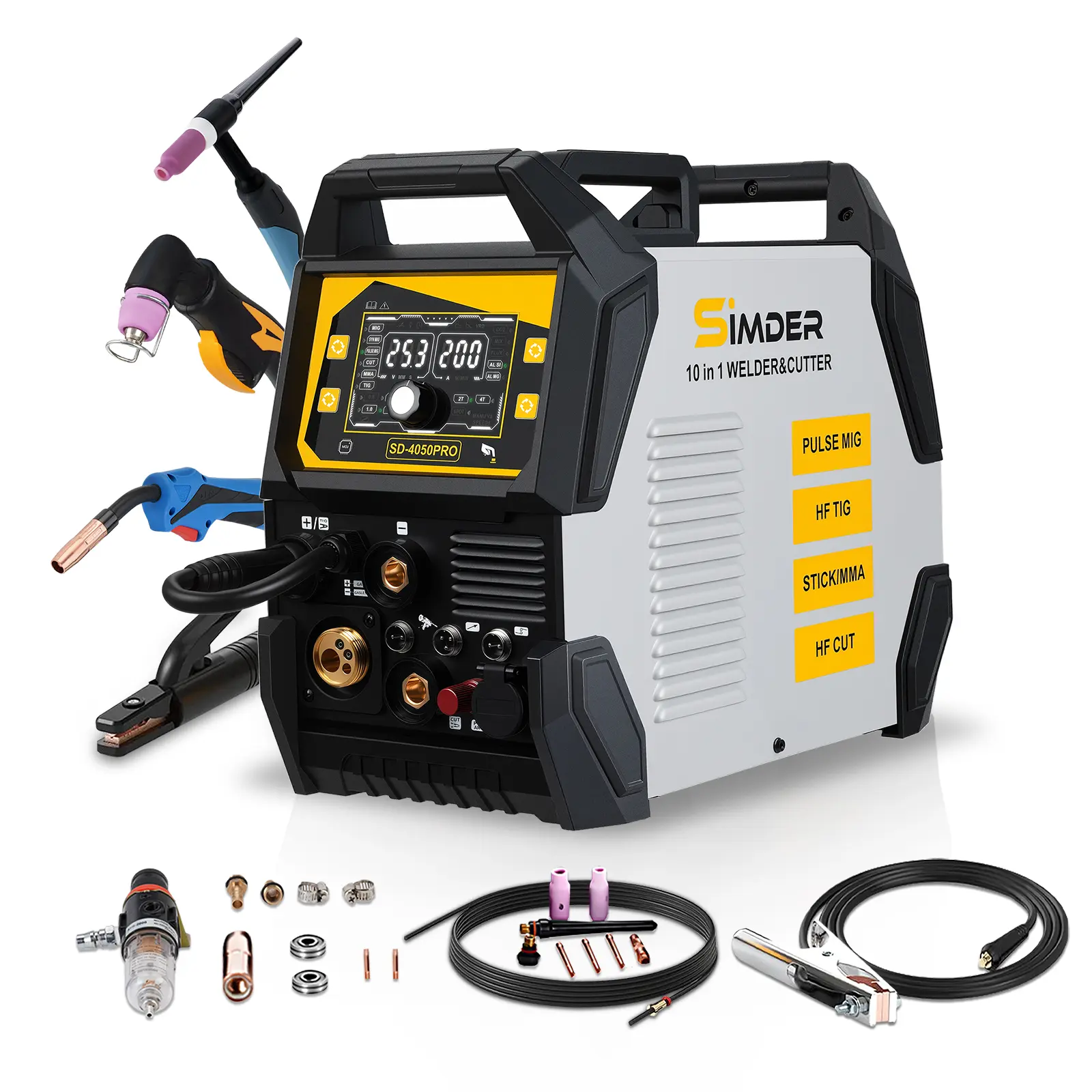 S SIMDER 10in1 Welder Plasma Cutter Combo 200A 110V/220V Dual Voltage Aluminum Pulse MIG Welder, HF TIG, Stick, Synergic MIG Welding Machine Foot Pedal, Synergic Stick, Hot Start, Multiprocess Welding Machine