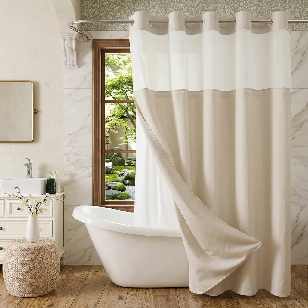 Yrztrk Cream 72Wx75H No-Hook Faux Linen Shower Curtain with Snap-in Fabric Liner Set, Hotel Bathrooms Luxury Decor, See-Through Top Window, Waterproof, Easy Maintenance, Hassle-Free Installation