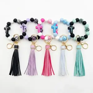 Silicone Bead Wristlet Keychain with Cross and Leopard Print Beads, Elastic Bracelet Key Ring with Tassel for Women Girls, Religious Christian Key Chain Accessories for Bags Keys