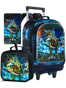 3PCS Dinosaur Rolling Backpack for Boys,Kids Backpacks with Roller Wheels, Wheeled Bookbag with Lunch Box for Toddler Elementary School-Black Cute Versatile Backpack