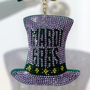 Mardi Gras Hat Rhinestone Keychain with Rhinestones and Green Tassel