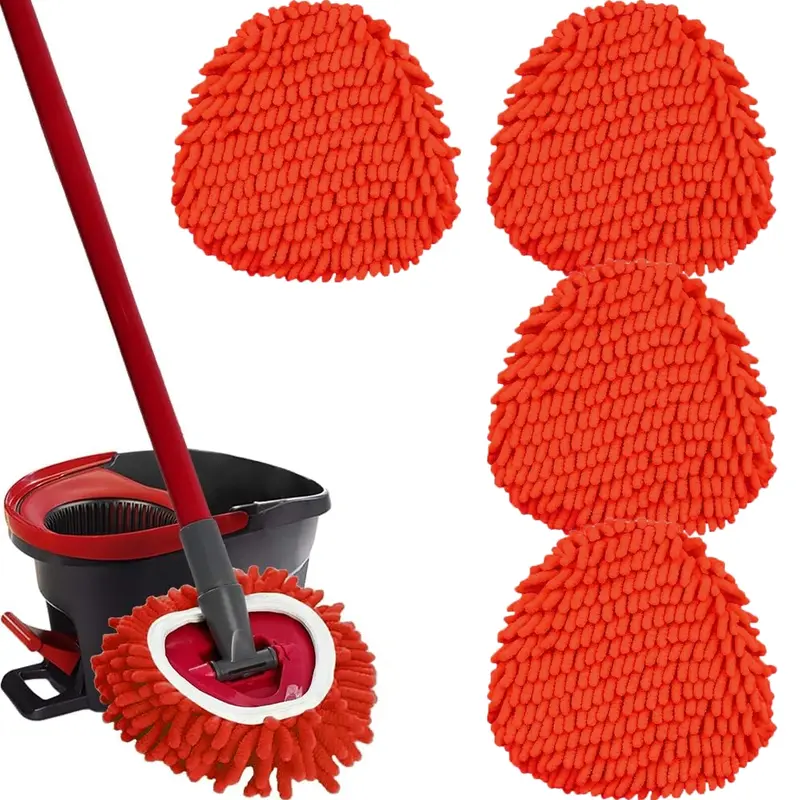 Reusable Mop Pads Replacement (4-Pack) - Chenille Fiber, Water-Absorbent, Washable Chenille Head Mops Refills for O-Cedar Easy Wring Spin System Floor Cleaning (No Bucket/Handle Included)