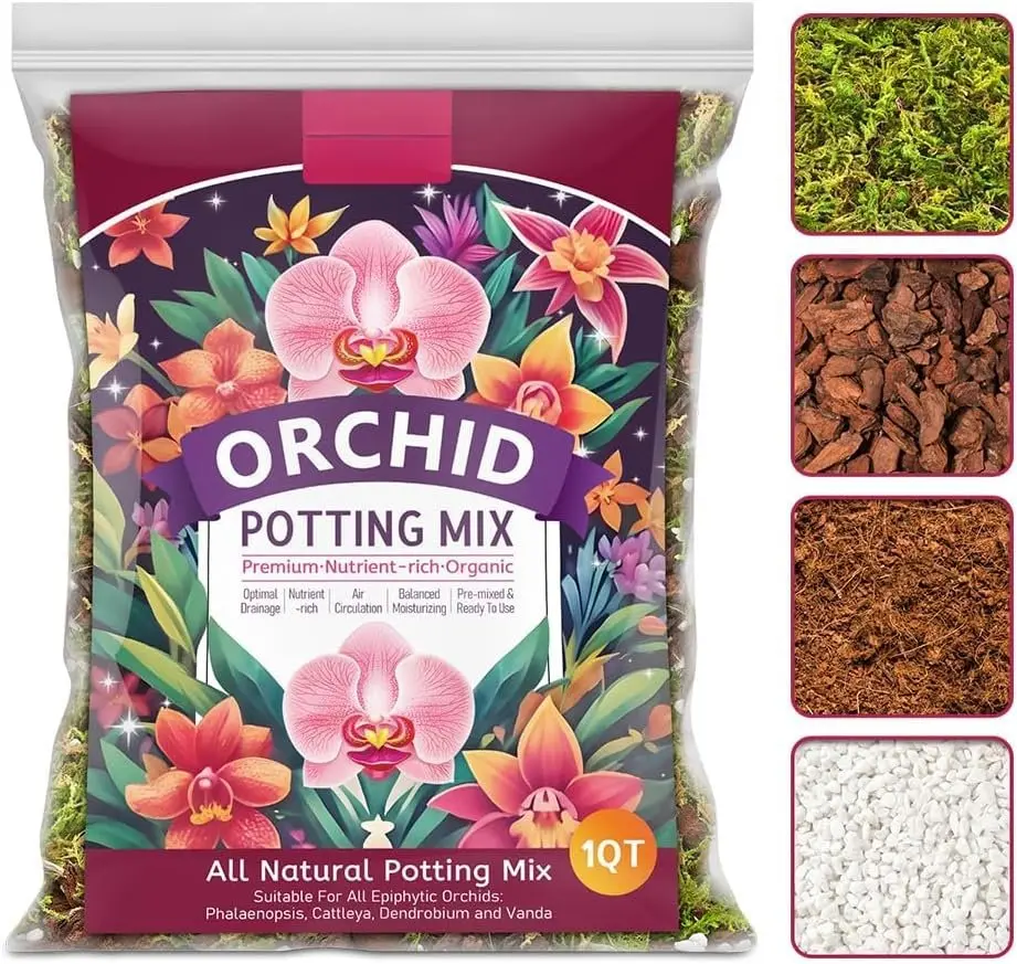 1QT Orchid Potting Mix for Repotting- Orchid Repotting Kit Include Moss, Pine Bark, Perlite, Coco Peat-  Orchid Soil Medium for Indoor Potted  Root Ventilation & Expanding