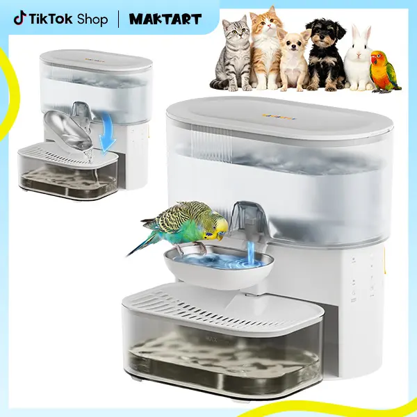 Wireless cat water fountain without filter cartridge, waste water separation function, MAKTART stainless steel bowl, 3000 mAh battery, 3.5 L water dispenser for cats and dogs, white