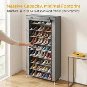 YJ-Garvee 10-Tier Shoe Rack with Cover, Tall Free-Standing Organizer for Closet & Entryway, Large Capacity Shelf Holds 40-50 Pairs, Space-Saving Storage with Side Pockets, Grey
