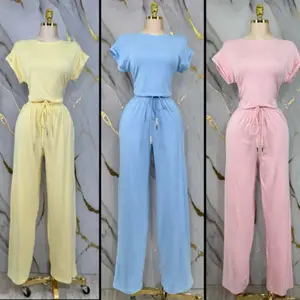 Comfy Chic Wide-Leg Lounge Set – Soft Short Sleeve Top & Drawstring Pants