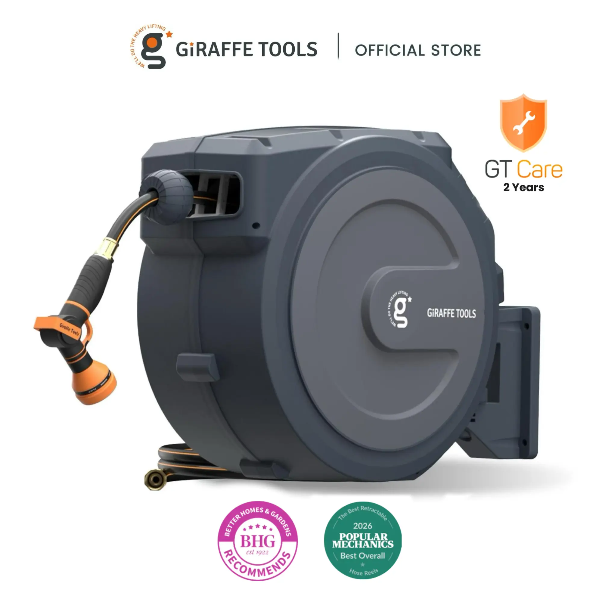 Father's Day Gift | Giraffe Tools 300LB Metal Bracket 5/8in 1/2in Tangle-Free Kink-Free Retractable Hose Reel 78ft-130ft with 180° Rotate Large Cover, Bob vila best overall, DS Trigger Mechanism & G-Self-Layering System, 9 Adjust-Nozzle, 2 years warranty