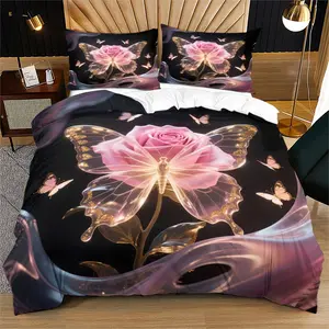 Rose Butterfly Bedding Set, Youth Adult Bedroom Decor Gift, Includes 1 Fitted Sheet & Pillowcases, No Comforter or Pillows Included