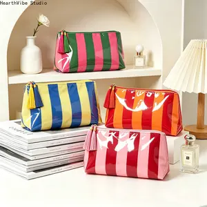 2026 Trendy Striped PVC Cosmetic Bag - Clear Waterproof Makeup Organizer with Tassel Zipper, Large Travel Toiletry Bag for Skincare, Beach & Daily Storage