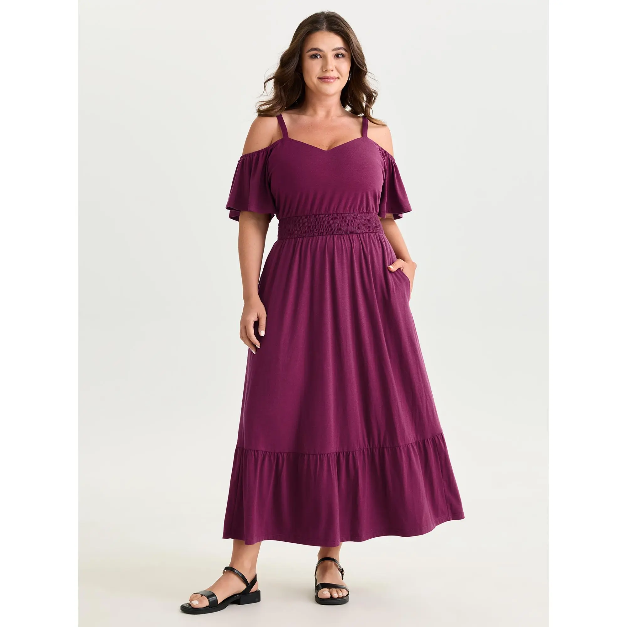 BloomChic Women's Plus Size Supersoft Maxi Dress, a Casual Leisure Garment in Polyester Spandex with Cold-Shoulder Cut-Outs and a Smocked Waist