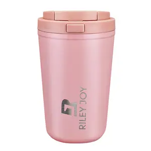Insulated coffee mug with lid, 380ml, vacuum insulated stainless steel, keeps coffee hot for 6 hours and cold for 24 hours, one-touch opening and closing, one-handed operation, car use allowed, suitable for commuting, office use, or as a gift (pink).