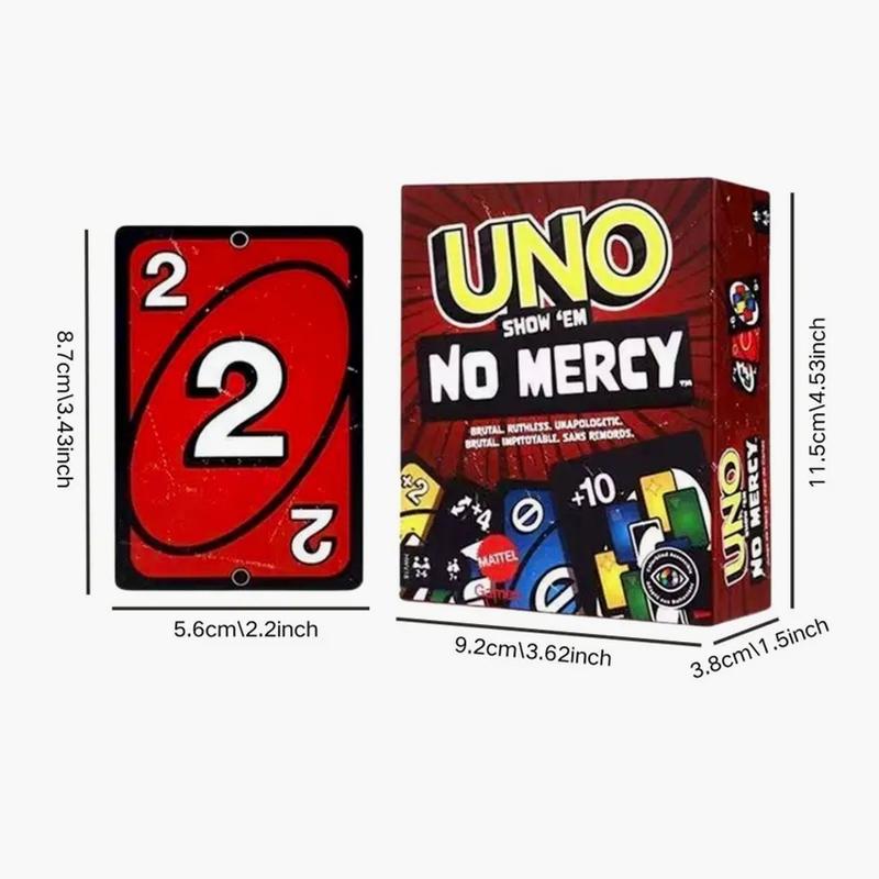 UNO Show ‘em No Mercy Plus Card Game in Storage & Travel Tin for Kids, Adults & Family Night with Extra Cards, Special Rules & Tougher Penalties
