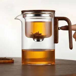 Enchantipot Magnetic Glass Teapot with Faux Wood Handle - Borosilicate Tea Infuser, Press Control, Magic Water Separation for Loose Leaf Tea
