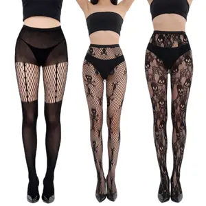 Elegant Black Fishnet Thigh Highs for Women with Skull & Zigzag Patterns One Size Fits All Comfortable Fishnet Stockings for Casual & Stylish Outfits