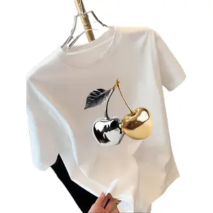 Stylish Golden Cherry Printed Short Sleeve TShirt for Women Featuring Elegant Casual Design and Comfortable Soft Fabric Suitable for Spring and Summer