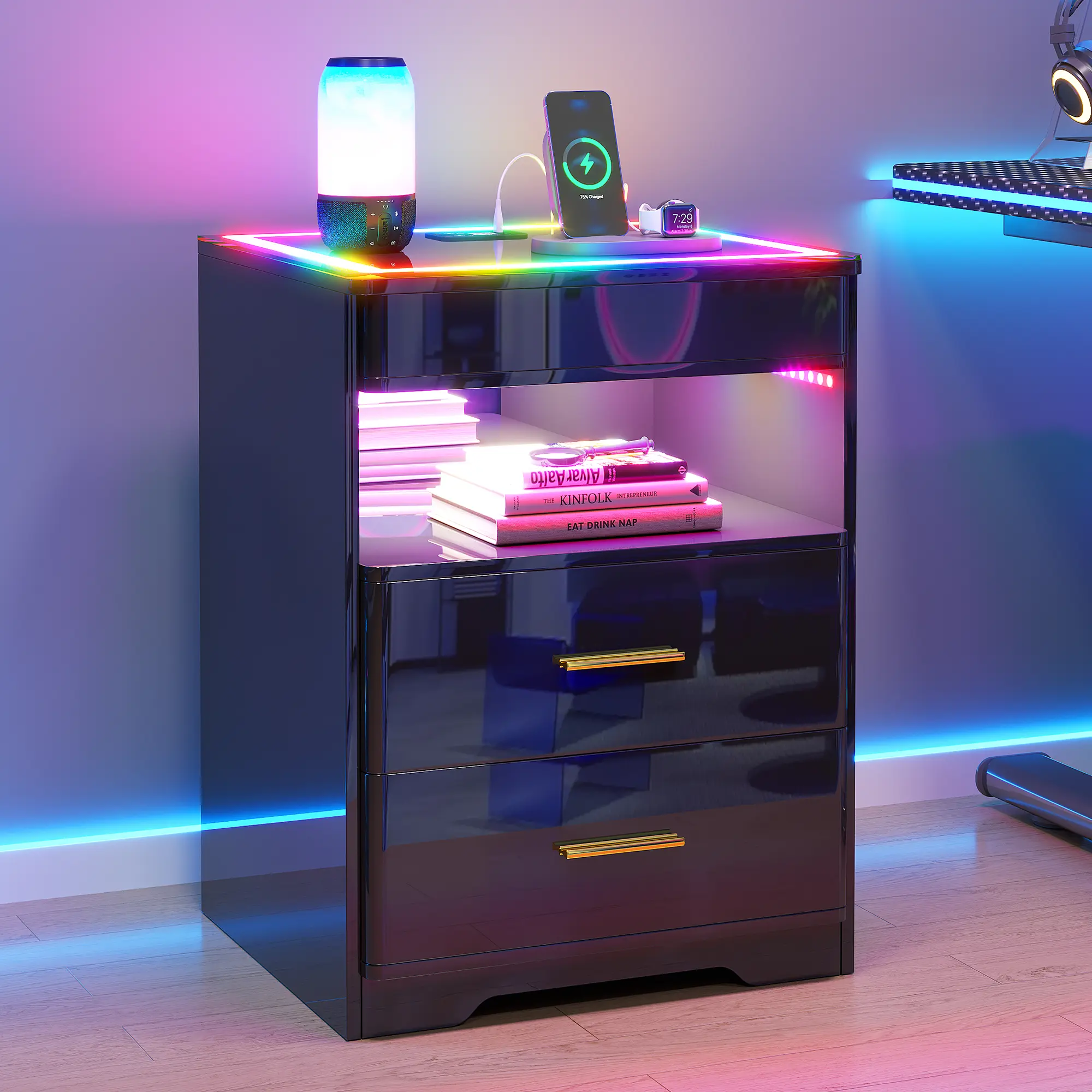 Lvifur Small Smart RGB Lights Narrow Nightstand Side Table - Assembly Required, Self-Assemble Wood Frame, Charging Station, Type-C Port, Gun Compartment Drawer, Glass Top, App Control, 2 Drawers, Open Shelf Storage, Modern Bedroom End Table