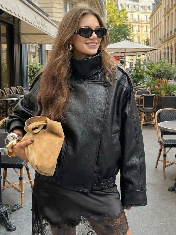 Faux Leather Jacket Woman Outerwears Fashion Asymmetric Zipper Bomber Jacket Demi-Season Streetwear Plus Size Women's Black Jacket Long Sleeve New In Coats Motorcycle Jackets Faux Leather Jacket Woman Outerwears Fashion Asymmetric Zipper Bomber Jacket Demi-Season Streetwear Plus Size Women's Black Jacket Long Sleeve New In Coats Motorcycle Jackets