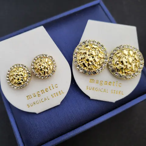 MaxBling81 Iced Out Moissanite Nugget Statement Earrings - Gold-Plated Alloy Fashionable Jewelry Accessories, Unisex Magnetic Non-Piercing Hip-Hop Streetwear Earrings for Adults, 2 Sizes (Small/Bigger-0.75"x0.75") for Daily Wear