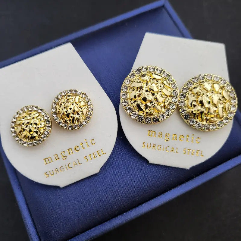 MaxBling81 Iced Out Moissanite Nugget Statement Earrings - Gold-Plated Alloy Fashionable Jewelry Accessories, Unisex Magnetic Non-Piercing Hip-Hop Streetwear Earrings for Adults, 2 Sizes (Small/Bigger-0.75"x0.75") for Daily Wear