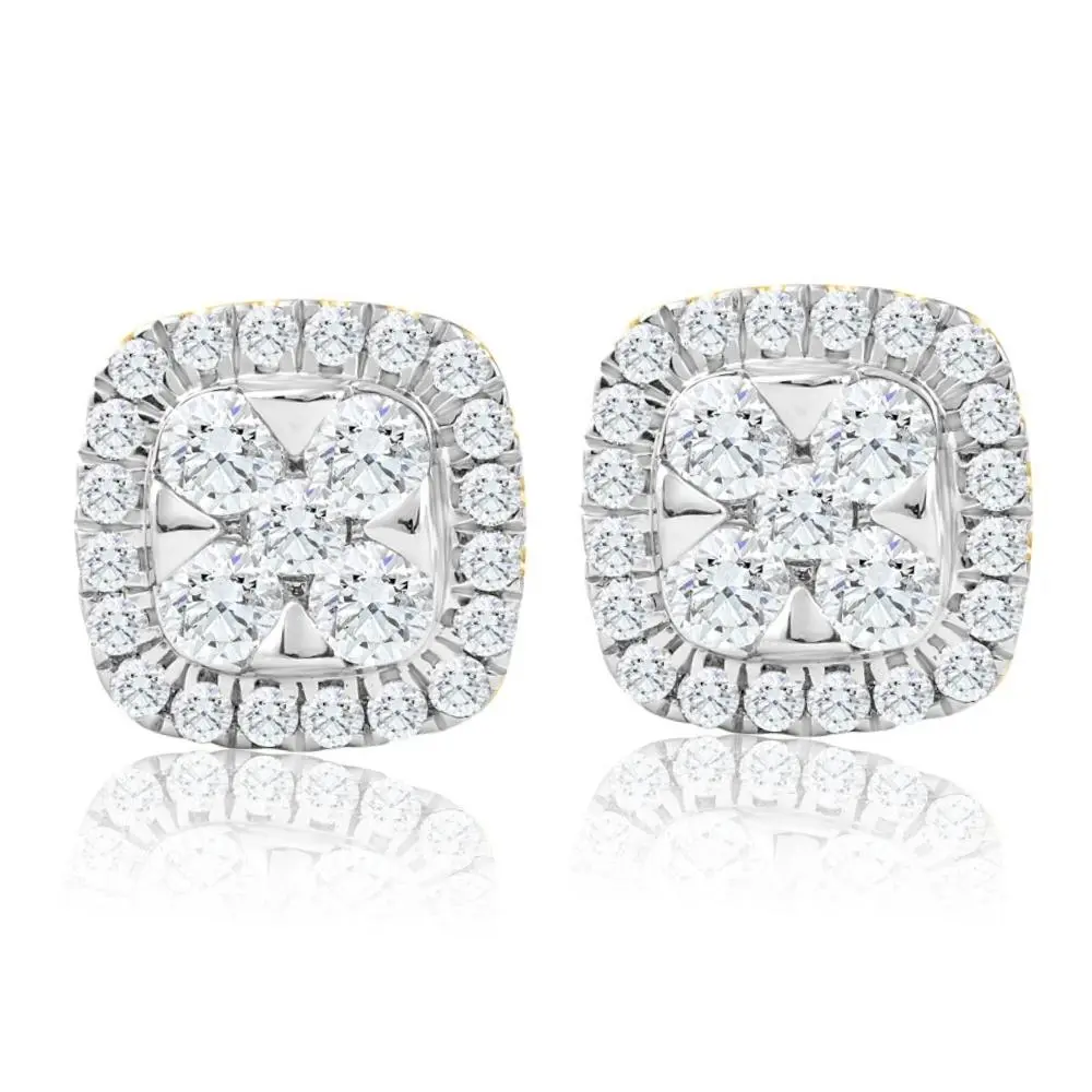 1Ct T.W. Pave Diamond Cushion Halo Studs 10k Yellow Gold Lab Grown Earrings