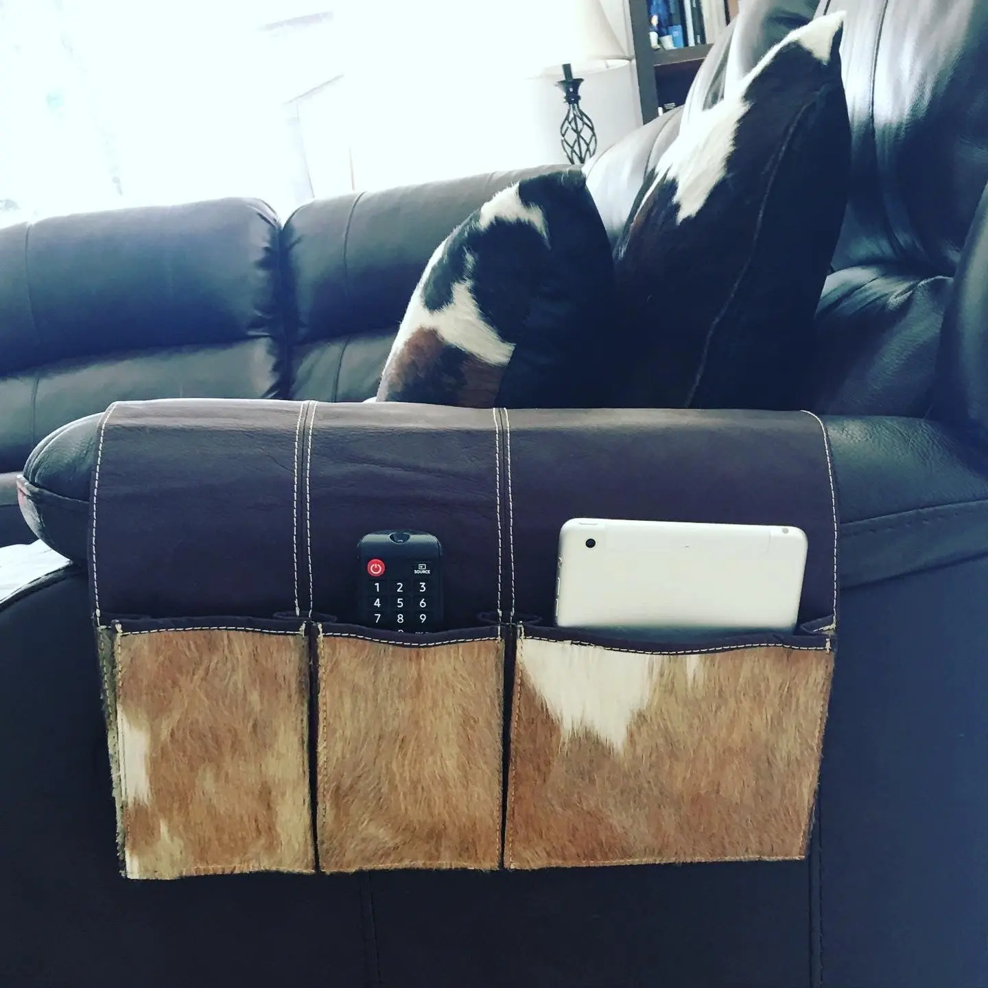 Cowhide and Leather Bedside Caddy Organizer | Armrest and Sofa