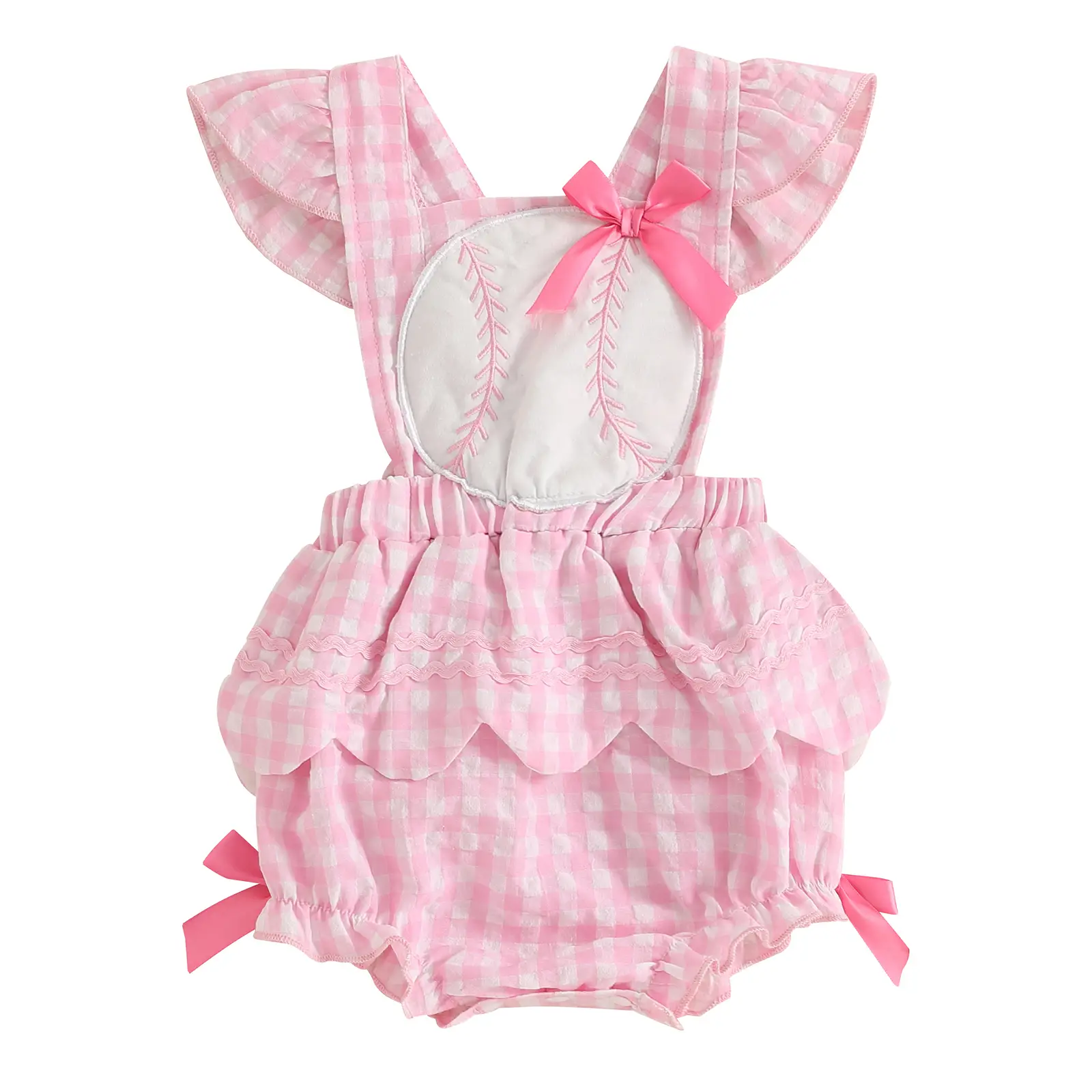 Newborn Baby Girls Baseball Bubble Romper Bodysuit Baseball Embroidery Ruffles Fly Sleeve Bowknot Skirt Hem Jumpsuit Overalls #Springtok