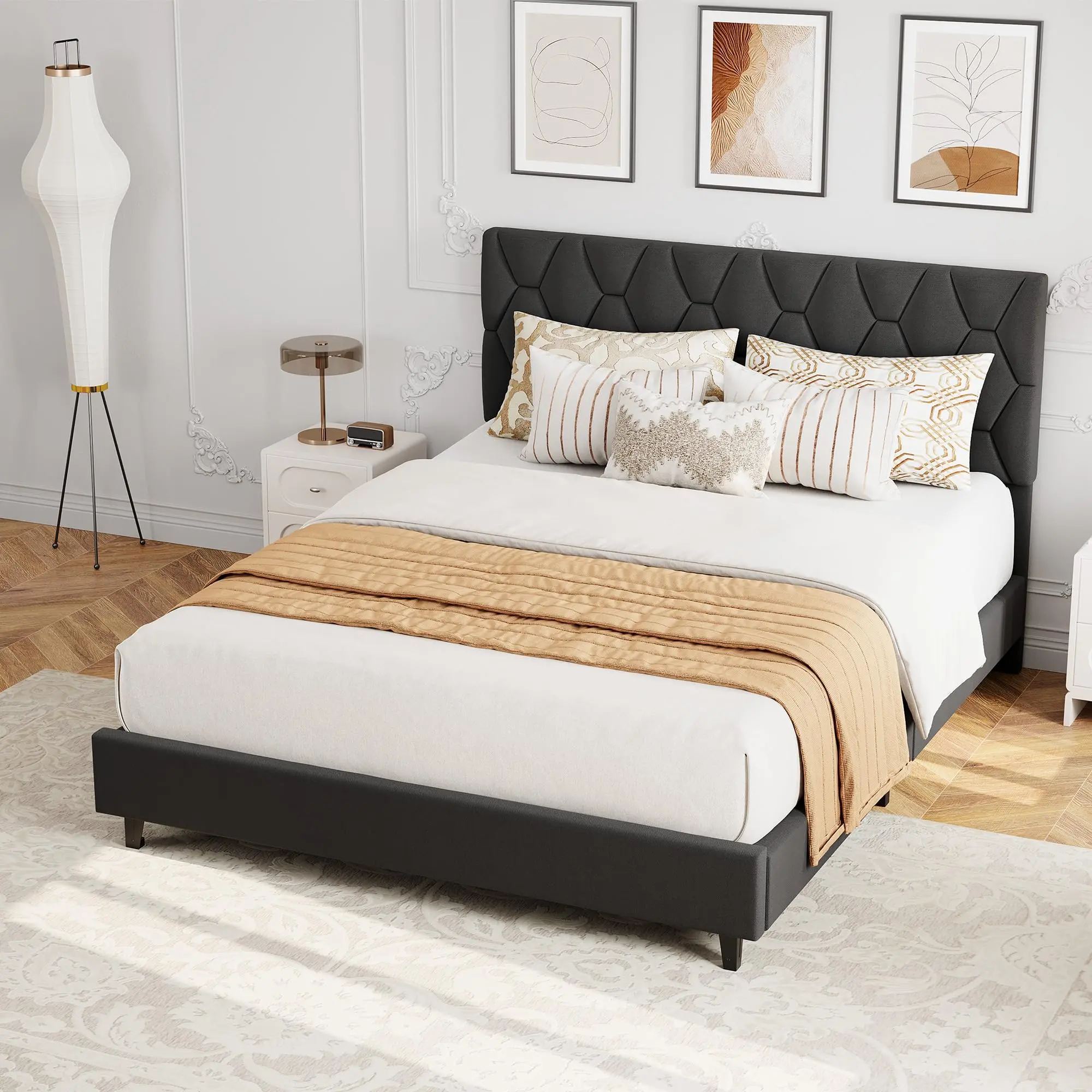 Garvee Grey Full Bed Frame with Upholstered Headboard,Heavy-Duty Platform Bed Frame with Strong Wood Slats, No Box Spring Needed/Easy Assembly/Noise Free