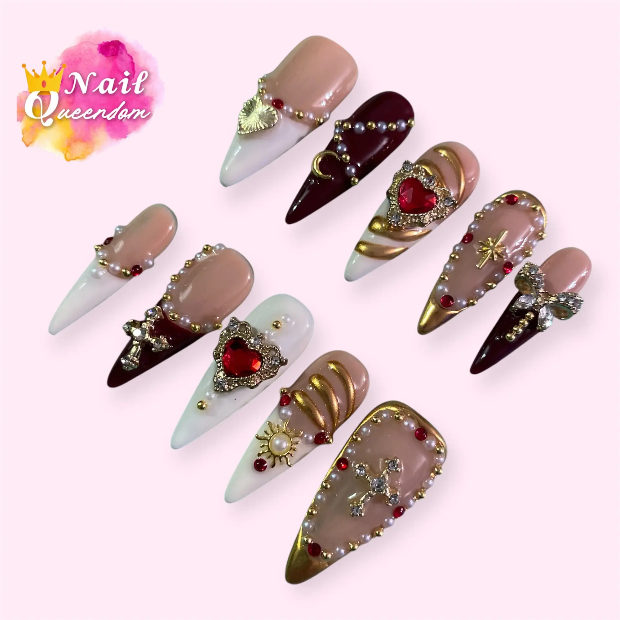 Nail Queendom [QUEEN'S HEART] Handcrafted 3D Press-On Nails Reusables Long Lasting Salon Quality Easy Application 10 Pieces Set Eco-Friendly 3D-gel Finish