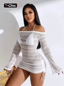Women's Solid Hollow Out Sheer Drawstring Side Sweater Dress without Bikini, Off the Shoulder Raglan Sleeve Backless Knit Dress for Spring & Fall, Fashion Women's Clothing for Party Club Dating Wear