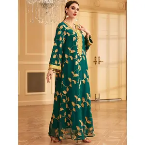 Middle Eastern-Inspired Embroidered Golden Floral Dress with Fringe Hem - A-Line Long Sleeve Floor-Length Machine Washable Traditional Formal Attire for Women