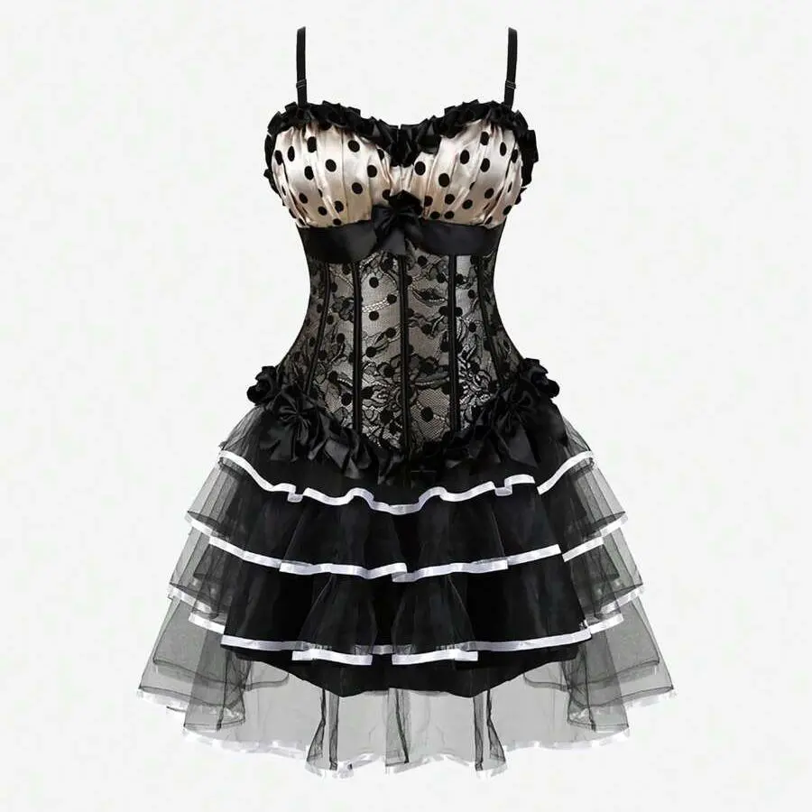 2-Pieces Women’s Steampunk Corset Dress Set MILALEE Polka Dot Corset Top with Multi-Layer Lace Skirt Cute Red Two-Piece Outfit for Party & Daily Wear 2796+7017