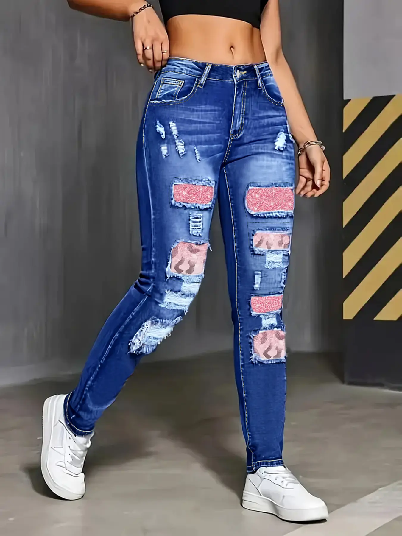 Women's Plus Size Distressed Washed Ripped Jeans, High Waist Slim Fit Skinny Jeans, Pink Leopard Print Patchwork and Ripped Design, Unique Fashionable Style