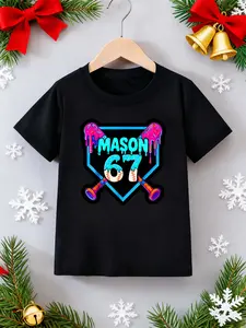 Boys' Cool Baseball Six Seven Print Short Sleeve Sports Shirt, Soft Fabric, Casual Fitted Design, Perfect Christmas Gift for Brothers