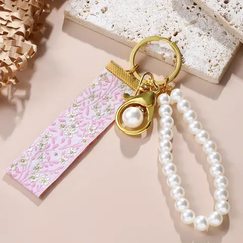 Mother's Day Gift Floral Embroidery Tape & Faux Pearl Decor Keychain, Floral Pattern Keychain, Keychain for Women & Girls, Trendy Cute Keychain, Stylish Keychain, Exquisite Keychain for Birthday, Keychain Wristlet