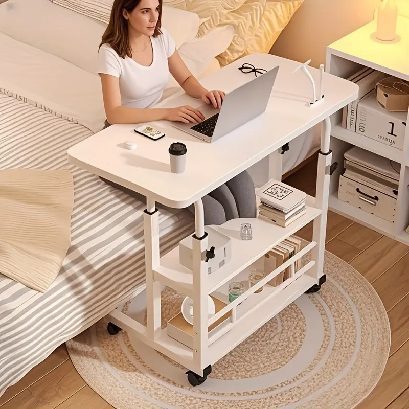 Heavy-Duty Metal Folding Desk, 3-Tier with Storage Shelf & Locking Casters, Height-Adjustable Expandable Desktop, Space-Saving Rolling Computer Table with Engineered Wood Top, for Home Office Bedroom Living Room, Easy Assembly