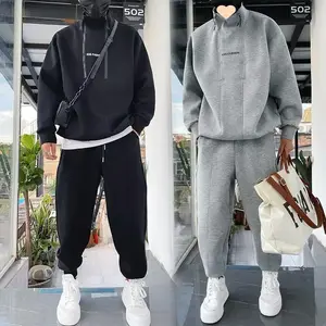 Men's Autumn Winter Fleece Thickened Fashion Sweatshirt Set Loose Half-Zip Double Zipper Sportswear Trendy