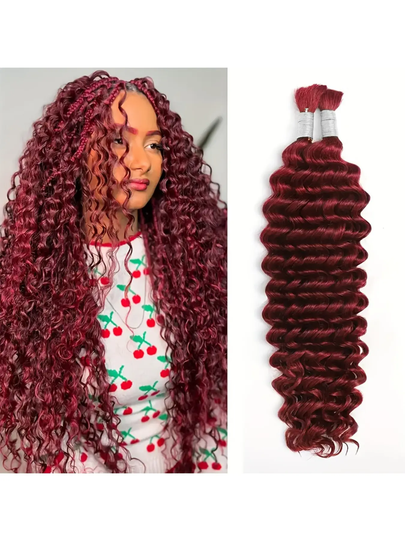 Mother's Day gift, Bohemian braids with 2 bundles of 100g deep wavy loose human hair, 100% unprocessed Brazilian original Burgundy Bohemian knotless braids with no weft extensions (# 99J)