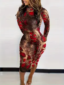 Women's All Over Print Mock Neck Bodycon Dress, Fashion Long Sleeve Midi Dress for Daily Outdoor Wear, Women Dress for Fall & Winter Valentine's Day, gift