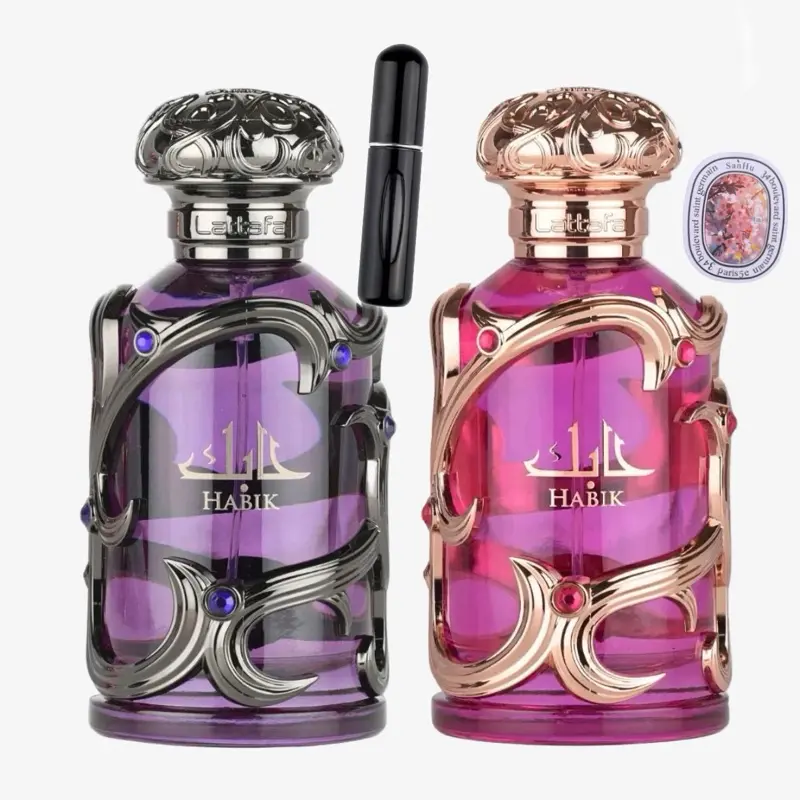 Lattafa Habik Couples Fragrance Gift Set - Unisex His & Hers Eau de Parfum with Citrus, Woody, Musk Notes, 2x100ml EDP, 5ml Refillable Bottles, Scented Cards