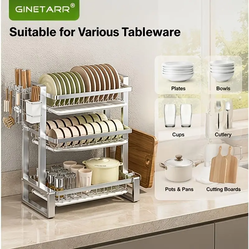 3-Tier Metal Kitchen Countertop Dish Rack with Draining Tray and Drainage Holes, Silver Tableware Rest