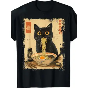 100% Cotton Made In The USA Black Cat Ramen Stylish Print T-shirt - Casual Short-Sleeve Daily Wear Comfort Top, S-XXXXXL