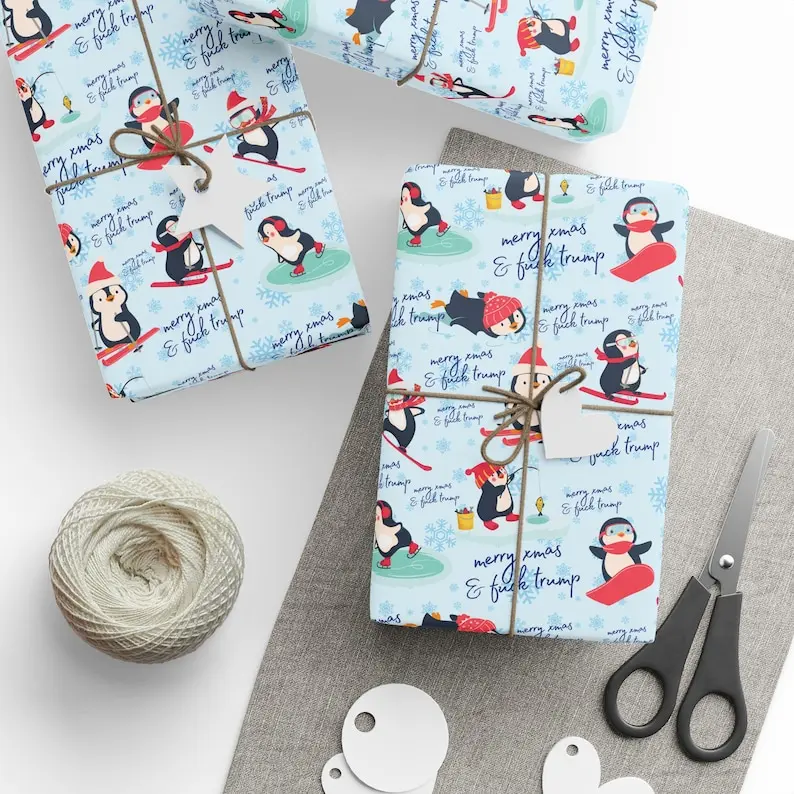 Trunp Penguin Christmas Wrapping Paper – Cute Winter Scene with Hidden Fck 7rump – Playful FDT Holiday Gift Wrap