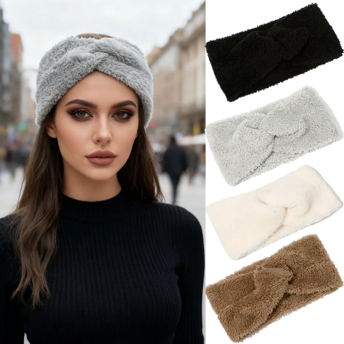 AWAYTR Women's Wide Twist Knitted Headband, Faux Fur Lined Ear Warmer for Winter, Practical and Fashionable for Casual or Outdoor Wear