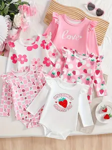 Baby Girls' Strawberry Floral Long Sleeve Onesie Set, Baby Clothing, Baby Clothes Girl, Soft Skin-Friendly Fabric, 0-3 Years, Daily Wear, Home & Outdoors, 5-Piece Pack