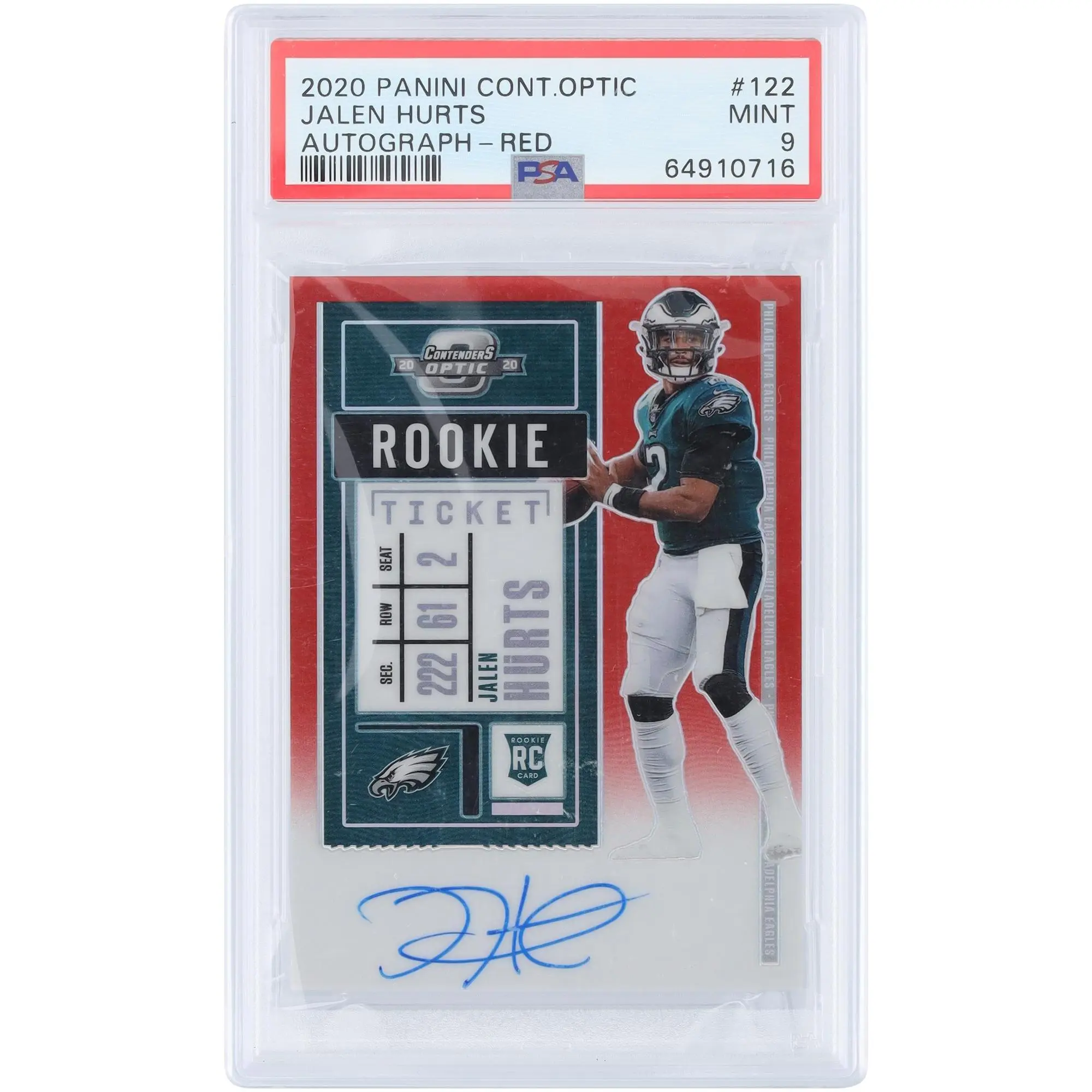 Jalen Hurts Philadelphia Eagles Autographed 2020 Panini Contenders Optic Rookie Ticket Red #122 #51/199 PSA Authenticated 9 Rookie Card - Fanatics Authentic Certified