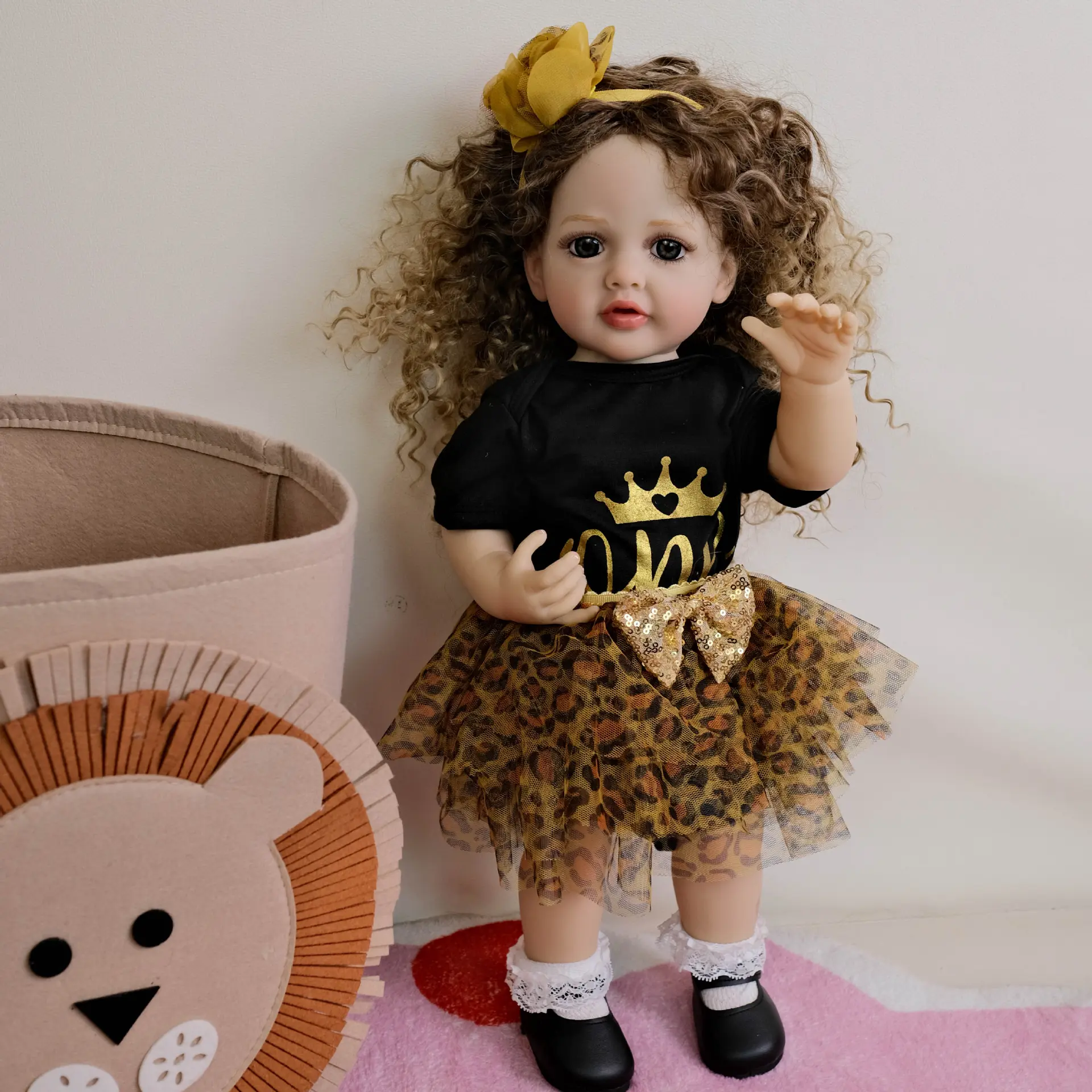 22-in Betty Fashion Doll Gift Set for 3-4 Years & Aspiring Stylists - Full Vinyl, Poseable Legs, Standable, Black-to-Yellow Gradient Curly Wig, Leopard Print Dress, Crown, Black Patent Shoes, Bold Look, Unisex Doll Toy for Birthday & Holiday Gifting