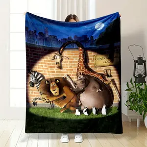 Madagascar Themed Flannel Blanket, which restores the classic escape scene of the New York Central Park Zoo in the movie. All the characters including giraffe, hippopotamus, lion, zebra and pengui