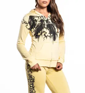 Affliction Women's Zip-Up Hoodie Crows Burnout