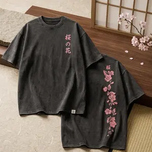 Japanese Cherry Blossom Double-Sided Print Short Sleeve Washed T-Shirt, 230g Heavyweight Cotton, Vintage Washed Streetwear Y2K Aesthetic, Oversized Unisex Summer Men Clothes, Retro Batik Graphic Tee, Christmas Thanksgiving Cyber Monday Gift